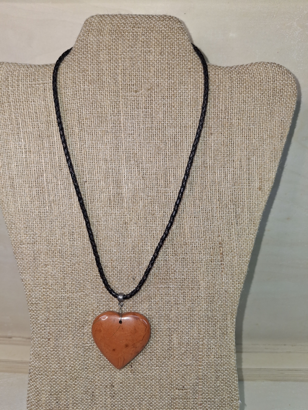 Heart-Shaped Red Jasper Pendant Necklace on Black Braided Cord